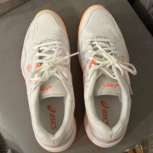 Asics Pickleball Shoes. White Sneakers with Orange Highlights